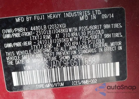 2015 Subaru Forester 2.5I Premium из США, поврежденный, VIN JF2SJADC9FG511658